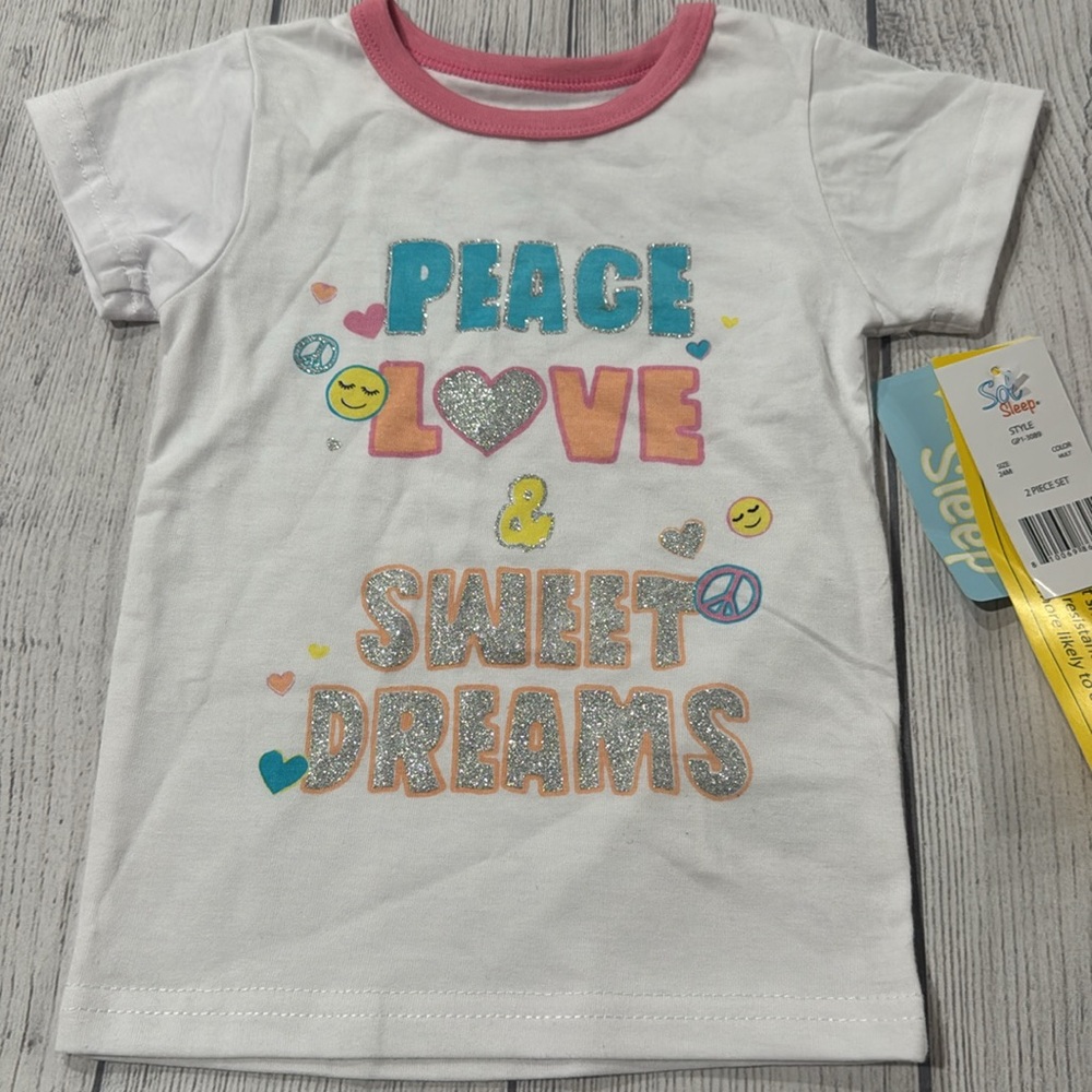 Sol Sleep White and Pink Pajama Set with Peace, Love, & Sweet Dreams Graphics - Picture 2 of 7